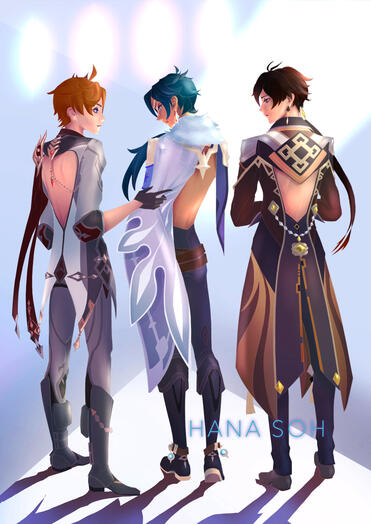 Genshin Impact fanart of Childe Kaeya and Zhongli in backless outfits on fashion runway
